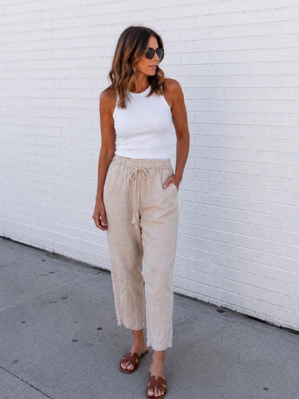 Casual Drawstring Linen-Blend Pants in Beige